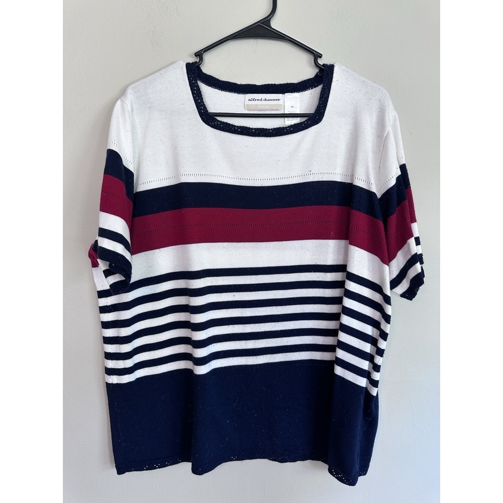 Alfred Dunner 1X Striped Knit Sweater Top Red White Blue Made In USA Americana